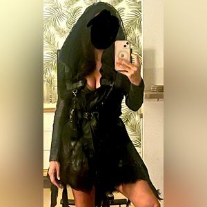 RITUAL Jacket, leather and rabbits foot, with large hood and low cut.